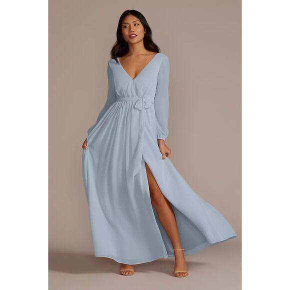 Celebrate DB Studio Teal Chiffon Long Sleeve V-Neck Dress SZ 14 Bridesmaid Gown - Picture 1 of 13